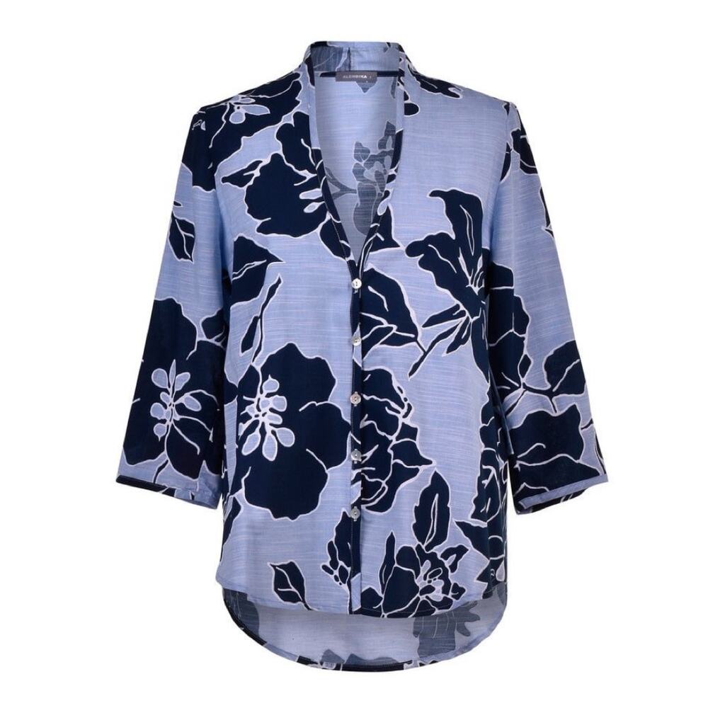 Alembika Tropical Island Blue Floral Oversized Tunic Blouse 7 18/20 2x